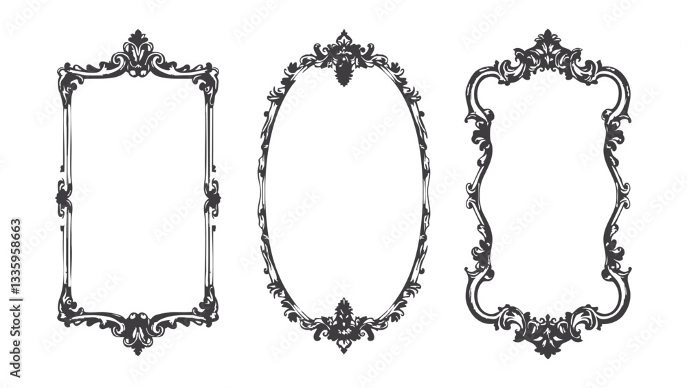 Set of ornate vintage frames in black and white with intricate baroque ...