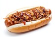 © Ketobox - Gourmet Delight Delicious Hot Dog with Crispy Fried Onion Topping and Zesty Sauce against Clean White Background