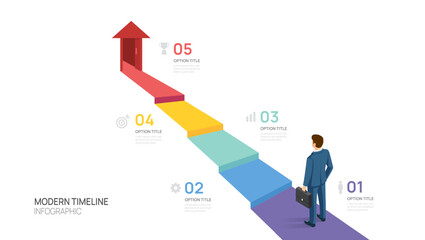 Wall Mural - business success infographic with arrow isometric 5 steps, career growth, and achievement concept, v