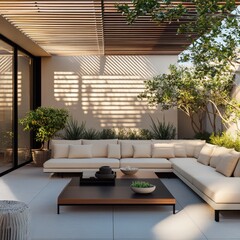 Aufkleber - Modern Outdoor Living: A Luxurious Patio with Chic Furniture and Natural Light Patterns, Featuring a Large Sectional Sofa