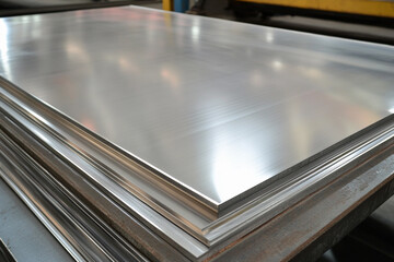 Poster - Stacked stainless steel sheets in a manufacturing facility Generative AI