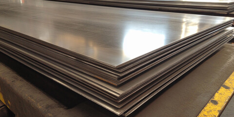 Fototapete - Stainless steel sheets stacked for fabrication process Generative AI