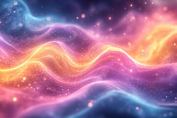 gentle nebula in pastel yellow, lavender, and light blue with glowing magical sparkles floating thro