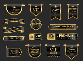 vip and premium emblem black and gold isolated on black background stock illustration