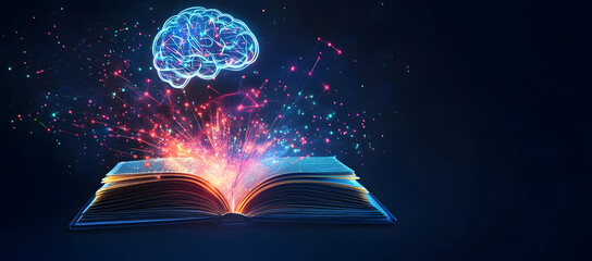 Wall Mural - A book with glowing digital symbols emerging from it.