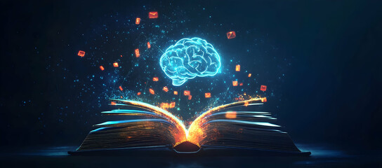 Wall Mural - A book with glowing digital symbols emerging from it.