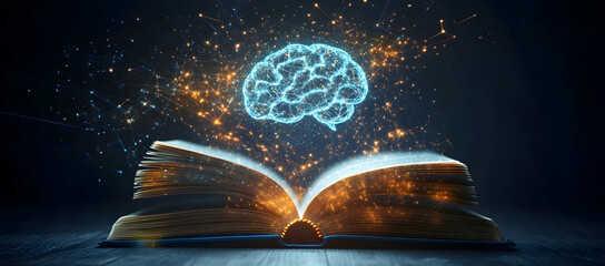Wall Mural - A book with glowing digital symbols emerging from it.