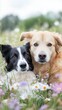 © DK Studio  - Two dogs cuddling together in a flower-filled meadow. Pet & Animal Bonding