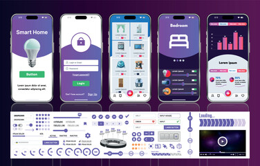 Canvas Print - a set of ui ux elements for smart home management mobile apps: an interface with buttons, panels, gr