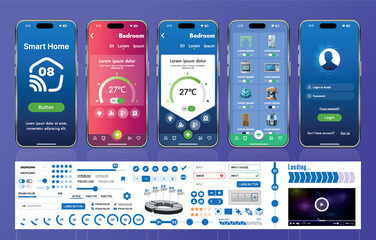 Canvas Print - a set of ui ux elements for smart home management mobile apps: an interface with buttons, panels, gr