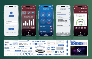Canvas Print - a set of ui ux elements for smart home management mobile apps: an interface with buttons, panels, gr