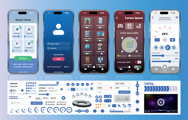 Canvas Print - a set of ui ux elements for smart home management mobile apps: an interface with buttons, panels, gr