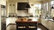 © Inner peace_2025 - Modern open kitchen, white cabinets, dark wood island, black pendants, stainless appliances, shou sugi ban backsplash, natural light