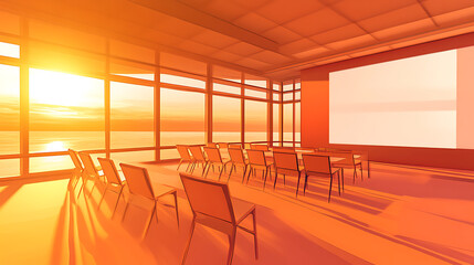 Fototapete - A modern conference room bathed in warm sunset light, featuring rows of chairs facing a large screen and expansive windows