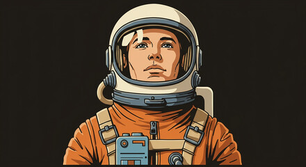 Wall Mural - An astronaut in orange space suit, raster illustration isolated on black background.