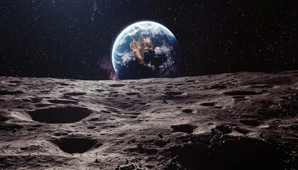 Wall Mural - the earth is viewed from the surface of a grey moon