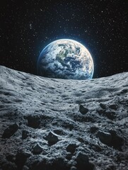 Wall Mural - the earth rising over a lunar surface observed from space