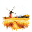 © NanoStudio - Illustration painted windmill with field under sunny day feels warm
