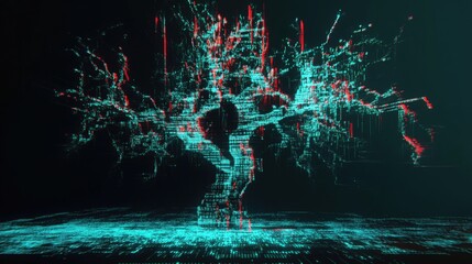 Wall Mural - glitching digital tree with red and cyan data streams.
