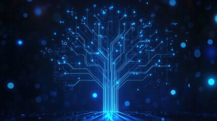 Wall Mural - glowing digital tree with circuit board branches, nodes, and light trails.