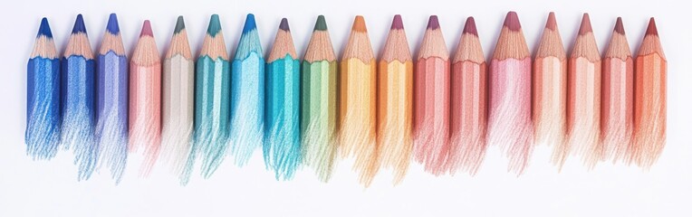 Poster - Vibrant gradient of colored pencils arranged in a creative layout showcasing soft pencil strokes with frayed tips