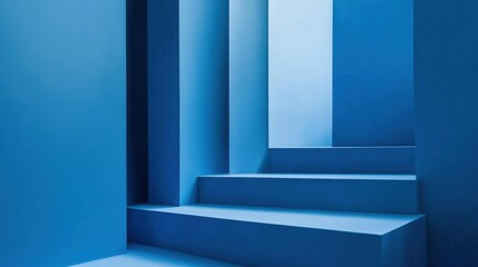 Aufkleber - Minimalist monochromatic blue interior highlighting a staircase design with geometric shapes and soft shadows