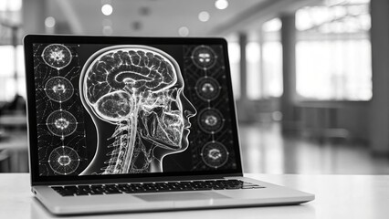Leinwandbilder - Digital health care and Telemedicine concept. Laptop displaying brain anatomy illustration in a modern setting.