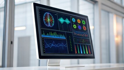 Leinwandbilder - Digital health care and Telemedicine concept. Modern monitor displaying data visualizations and graphs in a bright environment.