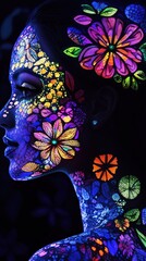 Leinwandbilder - Vibrant silhouette of a woman adorned with colorful floral body paint in a dark setting