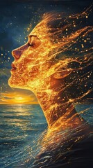 Leinwandbilder - Vibrant profile of a woman merging with golden light against a sunset over the ocean