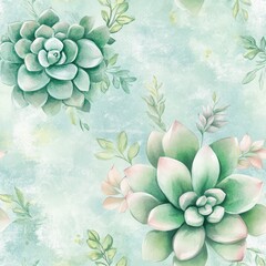 Poster - Serene watercolor doodle cartoon drawings of lush succulents in soft pastel colors against a soothing background