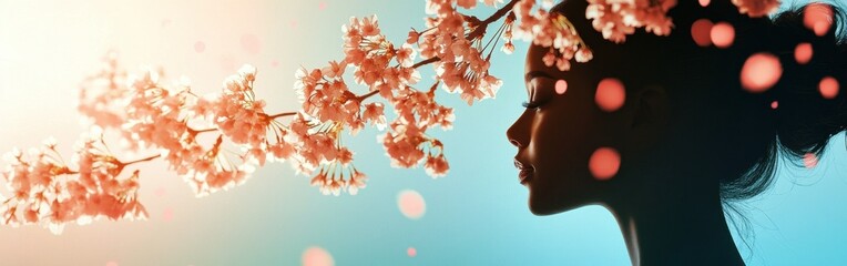 Poster - Serene profile of woman in bloom with cherry blossoms during sunset in a tranquil setting
