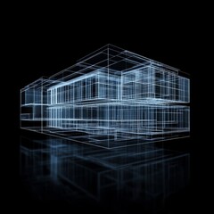 Fototapete - Architectural Blueprint: A Glowing Wireframe Structure on a Dark Reflective Surface, Revealing the Underlying Design