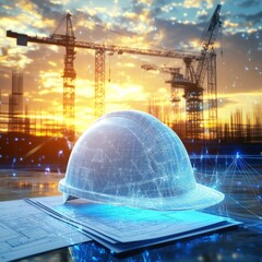Fototapete - Construction Blueprint: Digital Hard Hat and Cranes at Sunset, symbolizing safety and progress in modern architecture.
