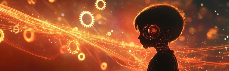 Aufkleber - Mystical visualization of a child's profile illuminated by glowing gears and ethereal light in a dreamlike setting