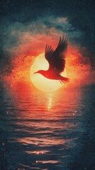 Poster - Mystical visualization of glowing birds flying over a sunset ocean landscape