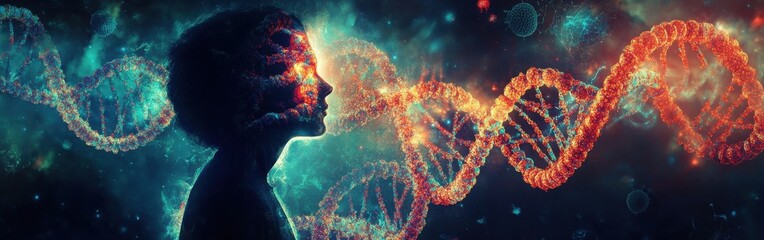 Aufkleber - Mystical biologist glowing with vibrant DNA strands in a surreal, cosmic setting