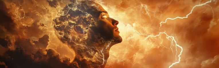 Aufkleber - Mystical profile of a man with electric clouds and lightning in a dramatic sunset backdrop