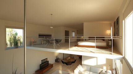 Poster - Cozy loft apartment with mezzanine bedroom and open living space offering modern design and natural light