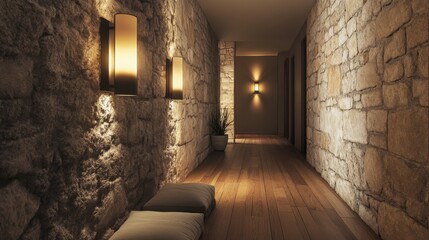 Aufkleber - Beautiful hallway featuring polished rough stone walls and elegant lighting in a serene indoor space