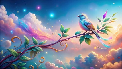 Wall Mural - Serene Avian Silhouette on Whimsical Branch, Amidst a Dreamlike Pastel Sky with Floating Clouds and Glimmering Lights