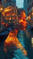 Aufkleber - Woman glowing with urban reflections in a serene canal setting during twilight in a Venetian-inspired atmosphere