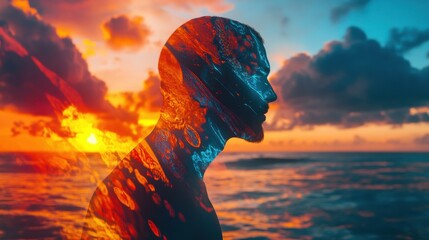 Leinwandbilder - Man emits radiant energy at sunset by the ocean revealing vibrant colors