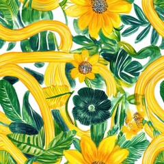 Aufkleber - Colorful doodle cartoon drawing featuring vibrant flowers and bold designs in watercolor style