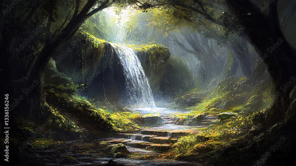 Glowing mystical cave ethereal golden light hidden underground ...