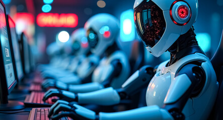 row of white robots efficiently working together on computers in a futuristic setting