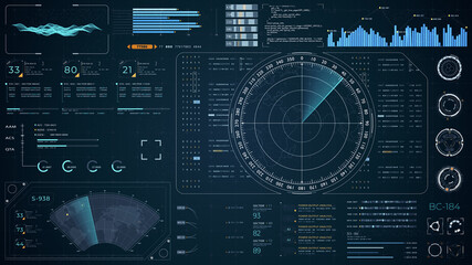 Wall Mural - blue color sonar radar screen searching an object with futuristic head up display (hud ui) technolog