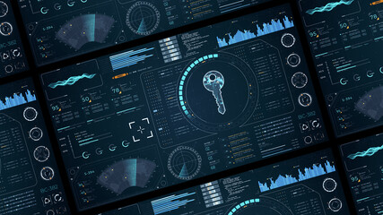 Wall Mural - blue digital security key with head up display (hud ui) and circuit panel futuristic abstract backgr