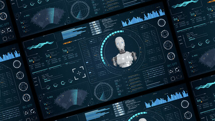 Wall Mural - blue digital robot head with head up display (hud ui) and futuristic technology abstract background 