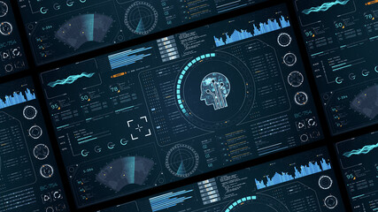 Wall Mural - blue digital robot head with head up display (hud ui) and futuristic technology abstract background 